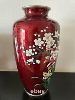 10 Inches vintage Red Japanese Sato cloisonne floral Four Gentlemen vase