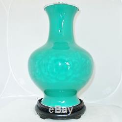 12.4 Vintage ANDO Japanese Musen Shippo Jade Green Cloisonne Vase with Wood Stand
