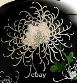 12 Antique Japan White Chrysanthemum Yellow Red Floral Black Cloisonne Vase