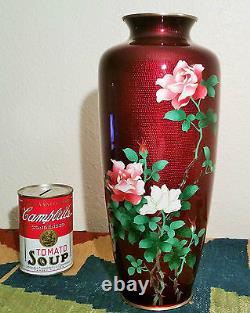 12 BIG! Vtg japanese cloisonne pigeon ox blood red enamel ando rose flower vase