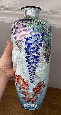 12 FINE Antique Japanese Meiji Signed Ginbari Cloisonne Wisteria Fish Vase