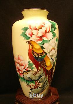 12 H Japanese Showa Period Inaba Silver Wire Pheasant Cloisonne Vase