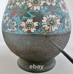 13.1 Antique Japanese Champleve Metal Vase with Flowers & Ring Handles
