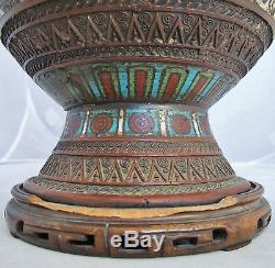 15.25 Antique Japanese Champleve Egyptian Style Metal Vase Drilled for Lamp