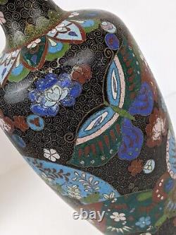 1890s Meiji Period Antique Japanese Fans & Butterfly Cloisonne Vase 8.5 Tall