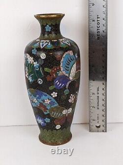 1890s Meiji Period Antique Japanese Fans & Butterfly Cloisonne Vase 8.5 Tall