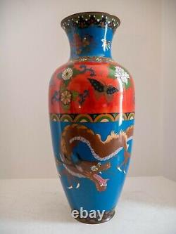 18 inch Dragon Cloisonne Vase Meiji Blue Red Japanese Vase Enamel Vase Antique