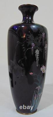 19th C Black Meiji Japanese Cloisonne Vase Flower Wisteria Birds