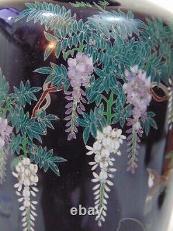 19th C Black Meiji Japanese Cloisonne Vase Flower Wisteria Birds