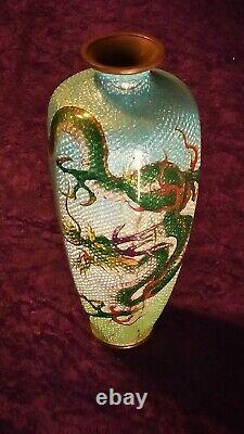 19th C Meiji Japanese Cloisonne Hexagon Vase 9.5 Blue Foil Scales Green Dragon