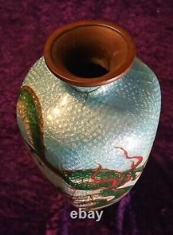 19th C Meiji Japanese Cloisonne Hexagon Vase 9.5 Blue Foil Scales Green Dragon