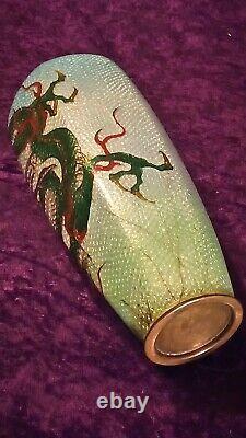 19th C Meiji Japanese Cloisonne Hexagon Vase 9.5 Blue Foil Scales Green Dragon