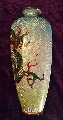 19th C Meiji Japanese Cloisonne Hexagon Vase 9.5 Blue Foil Scales Green Dragon