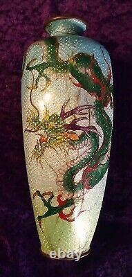 19th C Meiji Japanese Cloisonne Hexagon Vase 9.5 Blue Foil Scales Green Dragon