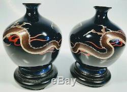 19th Century Japanese Cloisonné Enamel Vases With Dragons on Wood Bases Pair