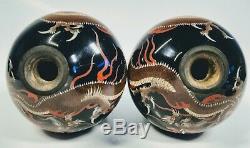 19th Century Japanese Cloisonné Enamel Vases With Dragons on Wood Bases Pair