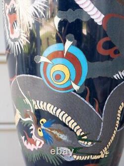 24 inch Huge Antique Cloisonne Japanese Meiji Vase Dragon Pearl Motif Enamel