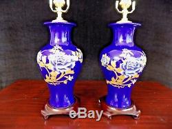 26 Pair Blue & Gold Peony Chinese Porcelain Vase Lamps Japanese Cloisonne