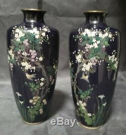 2 Antique Japanese Cloisonne Vases 6 Tall Birds Iris Flowering Trees