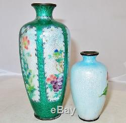 2 Antique Japanese Ginbari Meiji Cloisonne Vases with Flowers (6.95 & 3.55)