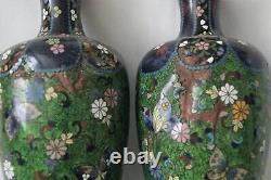 2 Antique Japanese Green Blue Floral Butterfly Cloisonne Enamel Vase 10.25