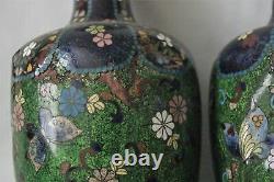 2 Antique Japanese Green Blue Floral Butterfly Cloisonne Enamel Vase 10.25