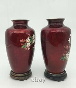 2 Antique Japanese Sato Pigeon Blood Cheery Blossom Tree Flower Cloisonne Vases