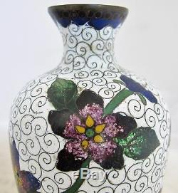 2 Antique Japanese White Meiji Cloisonne Vases with Flowers (5.1 tall)