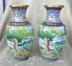 2 Antique Oriental Scenic Bronze Cloisonne Vases Birds Herons Chinese Japanese