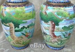 2 Antique Oriental Scenic Bronze Cloisonne Vases Birds Herons Chinese Japanese