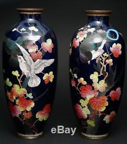 2 Japanese Cloisonné Enameled Birds Cobalt Vases, Meiji (1868-1912)