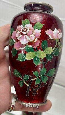 2 Japanese Pigeon Blood Akatsuki Ginbari Cloisonne Vases Roses Bamboo Ando Style
