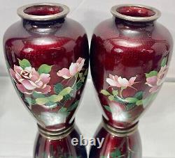 2 Japanese Pigeon Blood Akatsuki Ginbari Cloisonne Vases Roses Bamboo Ando Style
