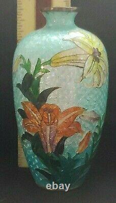 2 LOT Antique Japanese Ginbari Cloisonné Vase FLOWER Motif LILY & PEONY