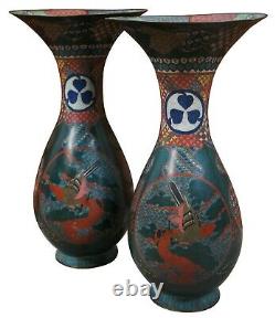 2 Monumenal Kaji Tsunekichi Antique Japanese Cloisonne Vases Mantel Urn Pair 19