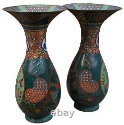 2 Monumenal Kaji Tsunekichi Antique Japanese Cloisonne Vases Mantel Urn Pair 19