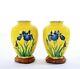 2 Old Japanese Yellow Cloisonne Enamel Shippo Vase Blue Iris Flowers Wood Stand