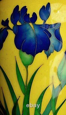 2 Old Japanese Yellow Cloisonne Enamel Shippo Vase Blue Iris Flowers Wood Stand