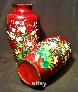2 SATO mirror image vtg japanese cloisonne vase pair enamel ox blood red cherry
