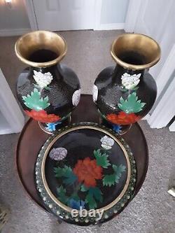 (2) Vintage Chinese Enameled Cloisonné Floral Vases And Brush Wash VIVID FLORAL