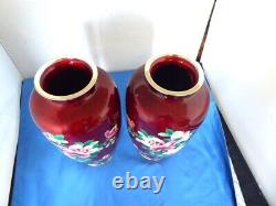 2 Vintage or antique Japanese PIGEON BLOOD red enamel GINBARI VASES 10 TALL