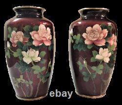 2pc Set of Japanese Ginbari Oxblood Cloisonné Enamel Rose Vases. Guaranteed
