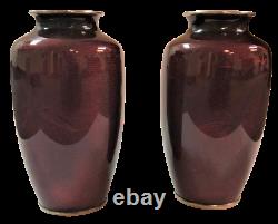 2pc Set of Japanese Ginbari Oxblood Cloisonné Enamel Rose Vases. Guaranteed