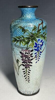 5 3/4 FINE Antique Japanese Meiji Ginbari Cloisonne Wisteria Flower Foil Vase