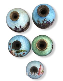 5 Antique Miniature Japanese Ginbari Foil Cloisonne Vases in Box 3 Signed