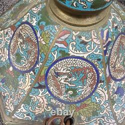 6 Ft. Pair Dragon Cloisonne Champleve Torch Archaic Taotie Oriental Lamp Statue