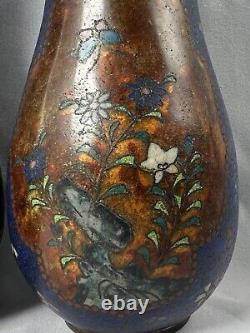 6'pair Matching Antique Cloisonné Japanese Vases Floral Blue Meiji 19th Century