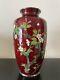7.25 Inches Tall Vintage Japanese Cloisonne Red Ginbari Vase With Blooming Cherry