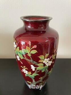 7.25 Inches Tall Vintage japanese cloisonne red ginbari vase with blooming cherry