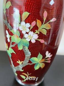 7.25 Inches Tall Vintage japanese cloisonne red ginbari vase with blooming cherry
